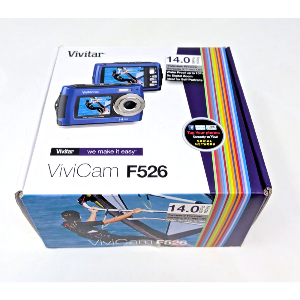 NEW Vivitar VF526 F526 Digital Camera Water Proof Dual LCD VIVICam 14MP Blue